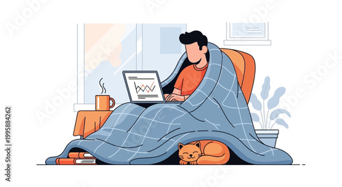 Cozy man working on laptop wrapped in blanket with cat and coffee at home