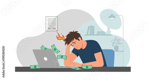Frustrated man with burning head and money flying away from laptop, financial stress