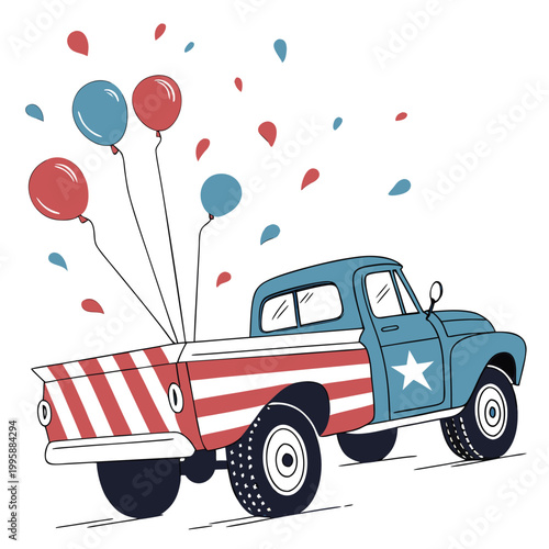 Patriotic pickup truck with balloons and confetti on white background