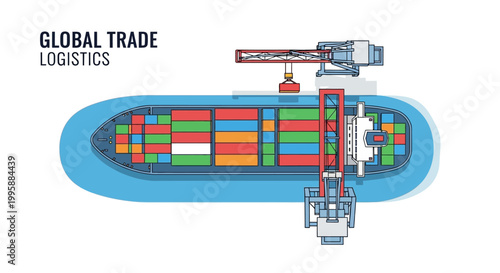Vector Illustration of Global Trade Logistics with Cargo Ship and Cranes, symbolizing international shipping and efficient supply chain management