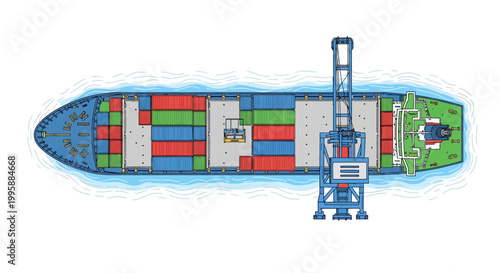 Vector Illustration of a Cargo Ship Loaded with Shipping Containers at a Port with a Crane