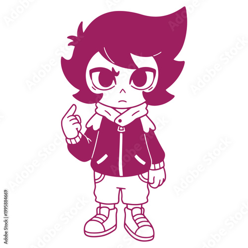 Illustrated cartoon character with purple hair and casual outfit pointing upwards