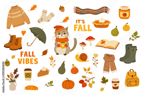 Autumn themed elements set with leaves pumpkins cozy seasonal collection