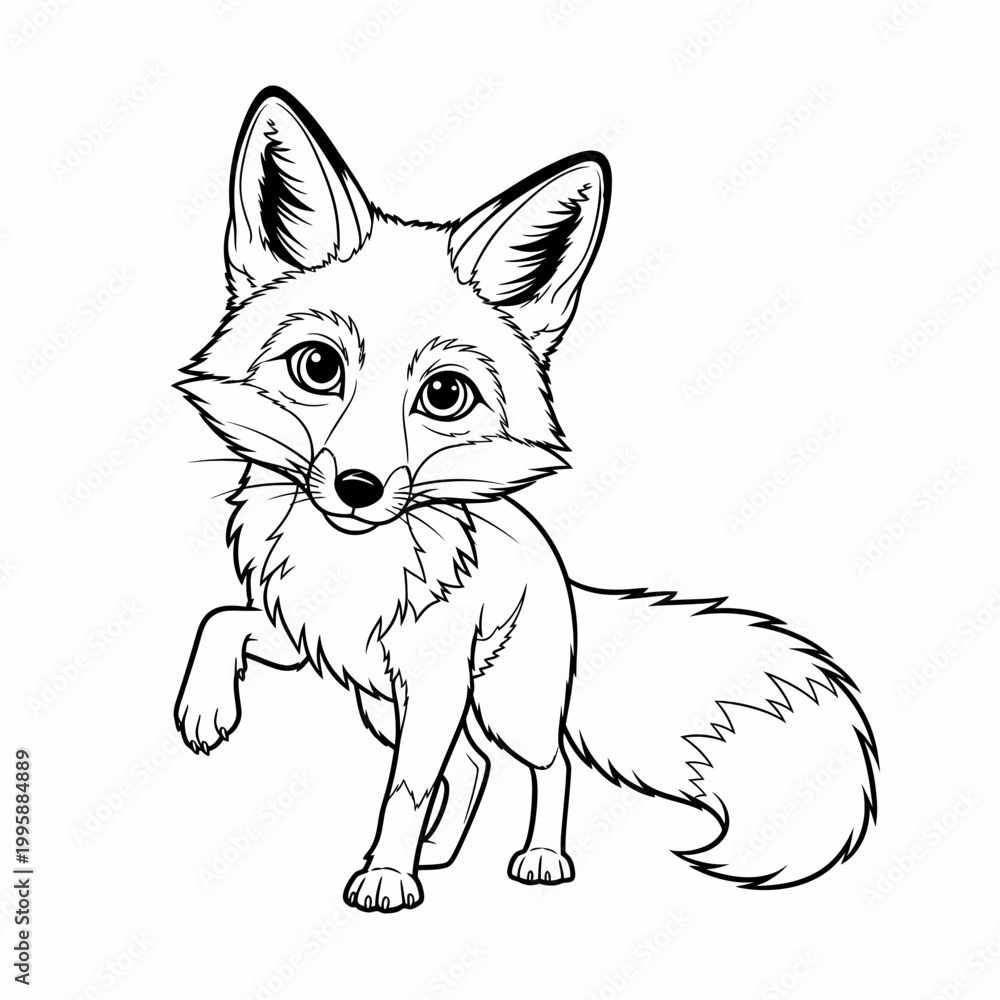 Obraz premium Fox cub stands with one paw raised in a cute pose suitable for a coloring book page illustration.
