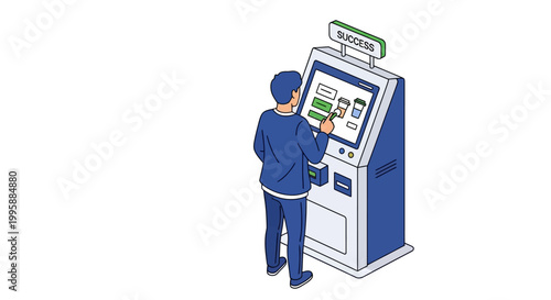 Vector Illustration of a Person Using a Digital Self-Service Kiosk for In-Store Ordering and Information, Highlighting Technology and User Interaction