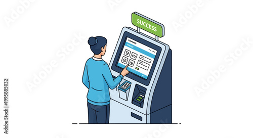 Vector illustration of a person successfully using a modern self-service kiosk for quick policy management, digital payments, or secure information access with a success message displayed