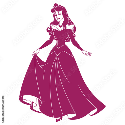Illustration of a princess in a flowing purple gown long wavy hair and elegant pose isolated on a transparent background
