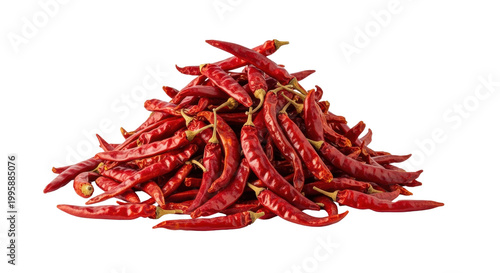 Dried red chili peppers pile, spicy hot bird's eye chilies isolated on white background, heap of dehydrated organic chili pods for cooking