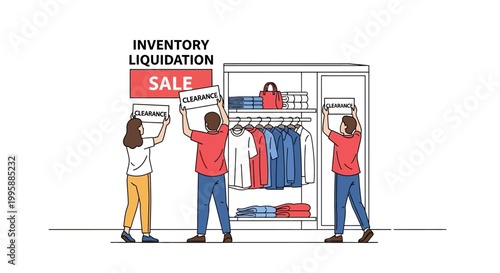 Vector illustration Team organizing inventory liquidation sale in a retail store. Staff prepare merchandise, display 'Sale' signs, highlighting stock clearance and business promotion