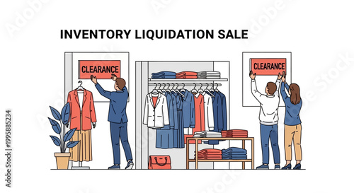 Vector Illustration of a Clothing Store Inventory Liquidation Sale Featuring Clearance Signs and Racks of Apparel