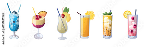 Colorful summer cocktails set vector illustration isolated on white