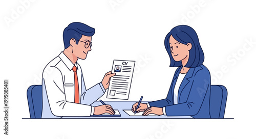 Vector Illustration of a Professional Job Interview Session with Two Individuals Discussing a Resume at a Table
