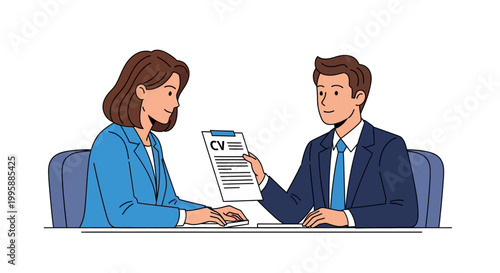 Vector illustration Professional job interview, recruiter evaluating CV, symbolizing talent assessment, career growth, and market analysis for employment