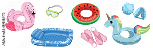 Summer pool inflatables set – flamingo, unicorn, watermelon ring, pool, goggles and accessories