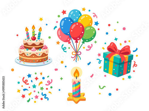 Birthday celebration elements including cake, balloons, gift box, and confetti for a festive occasion