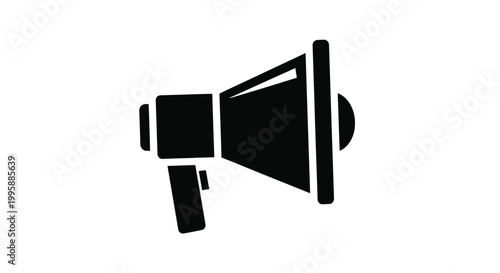 Simple flat vector graphic illustration featuring a black silhouette of a handheld megaphone used for broadcasting important announcements or marketing messages to a target public audience