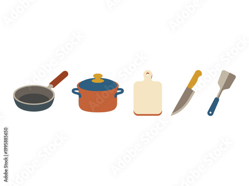 A collection of kitchenware items including a frying pan, pot with lid, cutting board, chef's knife, and spatula, depicted in a flat illustration style