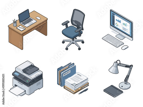 A collection of isometric office and business-related icons including a desk, chair, computer, printer, files, and lamp