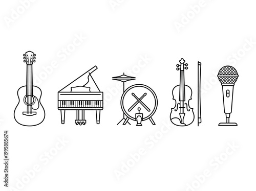 Collection of musical instruments in a clean, simple outline style, perfect for various design projects