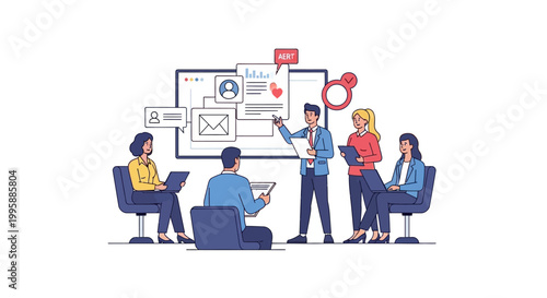 Dynamic Vector illustration of a business team conducting market research, analyzing survey data, and developing marketing strategies in a collaborative meeting environment