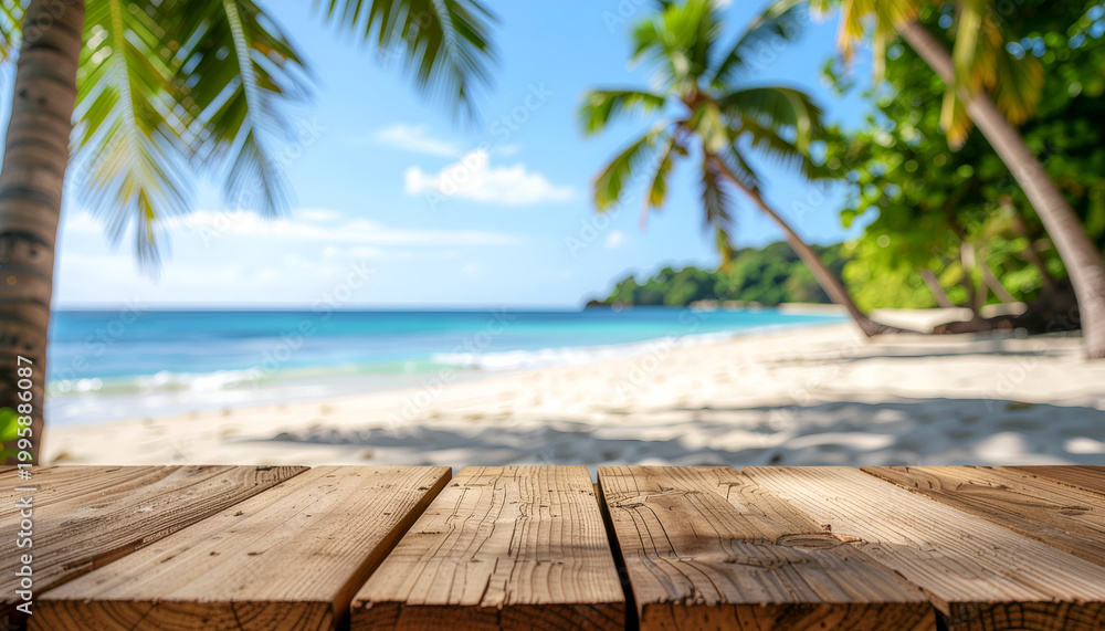Fototapeta premium Sunny tropical beach with palm trees and wooden deck foreground.