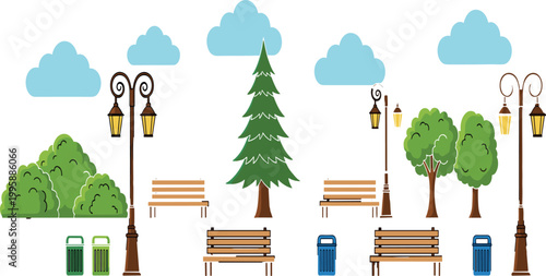 City Park Elements Set with Benches, Street Lamps, Trees, Bushes, and Trash Bins for Urban Landscape Vector Illustration.