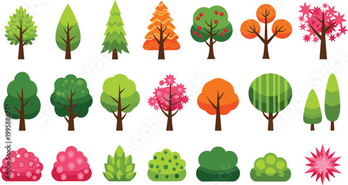 Colorful Seasonal Trees and Bushes Set with Spring, Summer, and Autumn Foliage for Nature Vector Illustration.