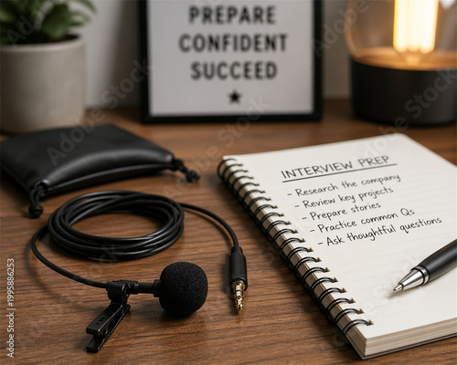 Interview preparation workspace with lavalier microphone notebook pen and motivational decor on a wooden desk conveying job readiness clear communication media training and remote meeting success