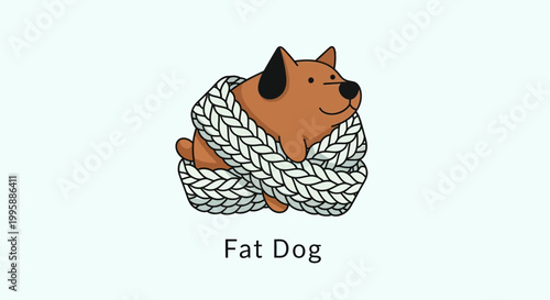 Charming cartoon dog wrapped in a cozy knitted scarf, smiling happily.