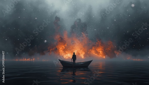 There is a man that is standing in a boat in the water