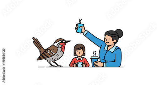 Charming Robin Bird and People Enjoying Coffee in Illustration.