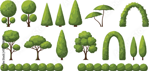 Decorative Garden Trees and Bushes Set with Topiary, Hedges, and Landscape Elements for Vector Illustration.