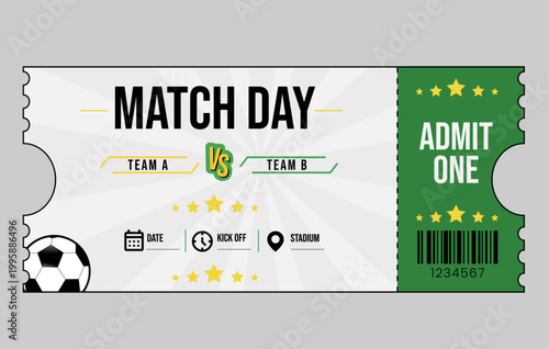 Football Match Ticket Template Vector, Soccer World Cup Event