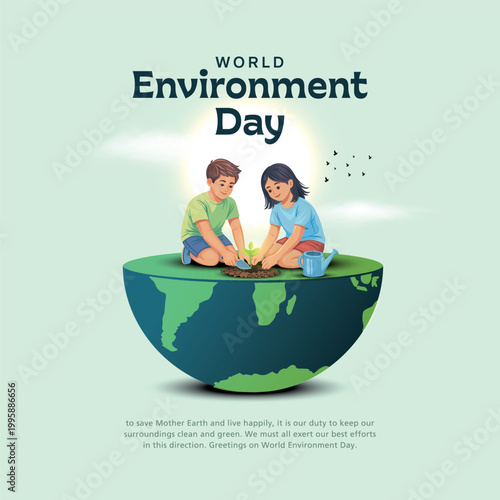 World Environment Day, Vector illustration of two kid planting a small tree on earth for better environment.