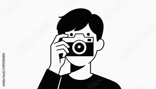 Illustration of a person holding a camera in front of their face, capturing a moment
