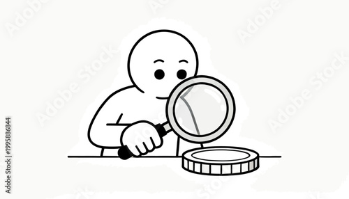 A simplified figure intently examining a coin with a magnifying glass, symbolizing detailed inspection and financial analysis