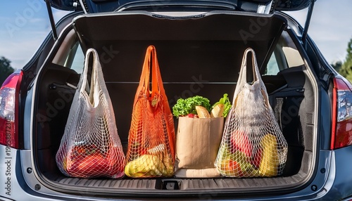 groceries unloaded from insulated bags in parked car trunk sustainability