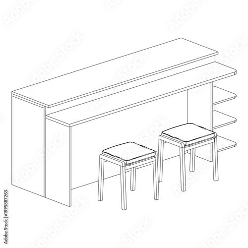 Perspective outline drawing of a bar table with two stools rendered in dynamic angle to highlight depth and spatial composition.