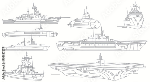Naval Fleet Collection: Warships, Aircraft Carrier, Submarine Line Art
