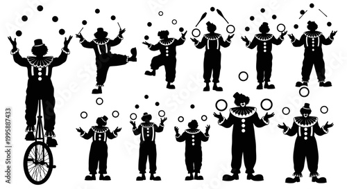 Clown Silhouettes: Juggling, Unicycling, Performance Art Collection