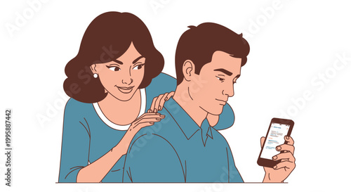 Couple looking at phone, woman peeking over man's shoulder, curiosity, suspicion