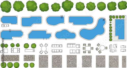 Vector landscape design elements set featuring swimming pools trees outdoor furniture and stone paving textures top view