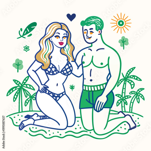 Beach, summer, lovers, illustration, vector, couple, bikini, swimwear, tropical, vacation