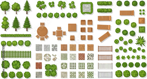 Top view landscape design elements kit with trees bushes furniture paving and architectural garden planning vector icons