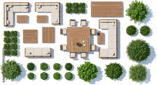 Architectural landscape design elements including wooden furniture sofas and green bushes in top view plan illustration