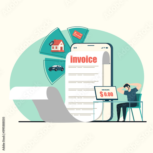 Stressed man facing a giant invoice and zero bank balance, financial crisis flat art.