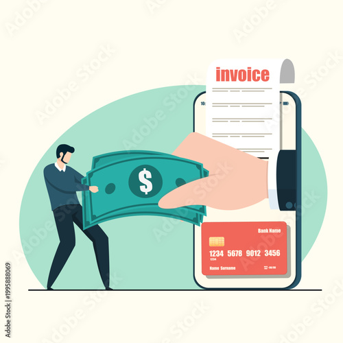 Man struggling to hold onto cash while a hand from a smartphone pulls it away for credit card debt.