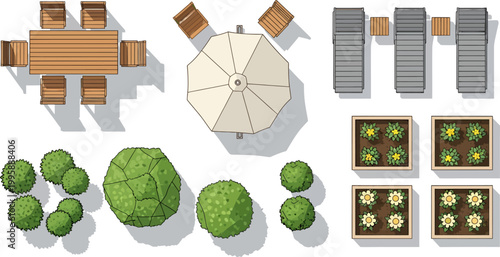 Top View Vector Illustration of Outdoor Patio Furniture Garden Landscaping Elements and Modern Backyard Design Set