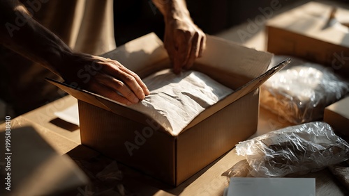 Hands packing product into cardboard box with protective wrap. E-commerce shipping and small business logistics concept.