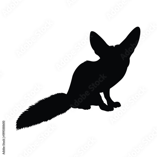 Silhouette of a fennec fox standing on all fours with large ears and bushy tail Vector